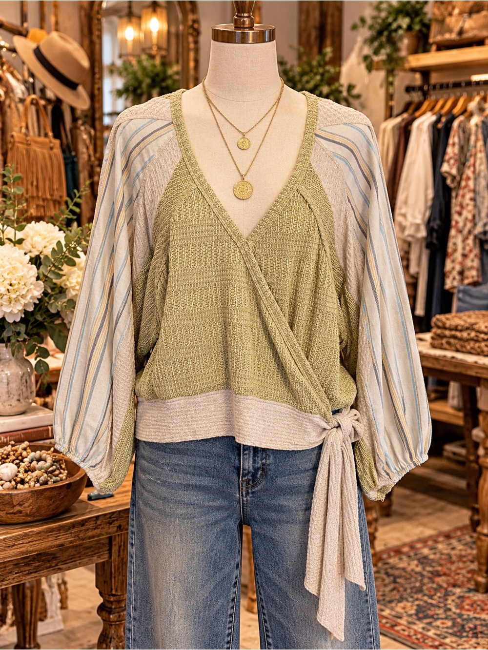 Hummingbird Light Green & Cream Wrap V-Neck Sweater with Striped Balloon Sleeves